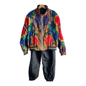 Vintage 90s Gallery Sport Set Jogging Windbreaker Suit Sz M Lined Plaid Baroque